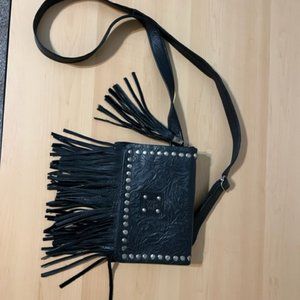 STS Ranchwear Black Leaf Print with Fringe Clutch